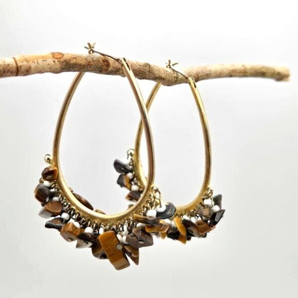 Goldtone Hoop Earrings with Tigers Eye Chips and White Seed Bead Fringe - Picture 1 of 5